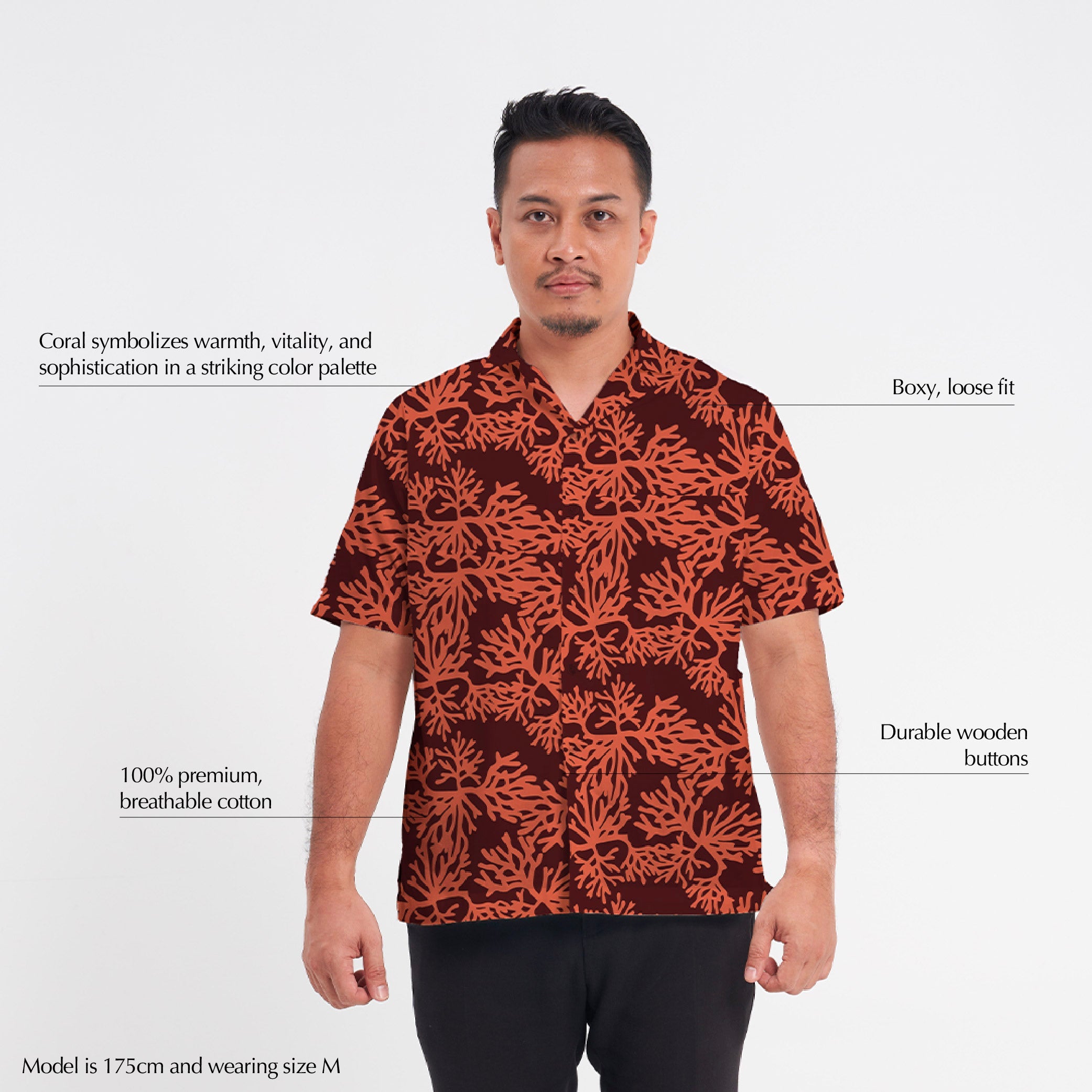 Men's Batik Cuban Shirt - Maroon Coral