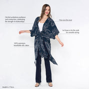 a woman posing in a batik kimono against a white background in the pattern navy orchid