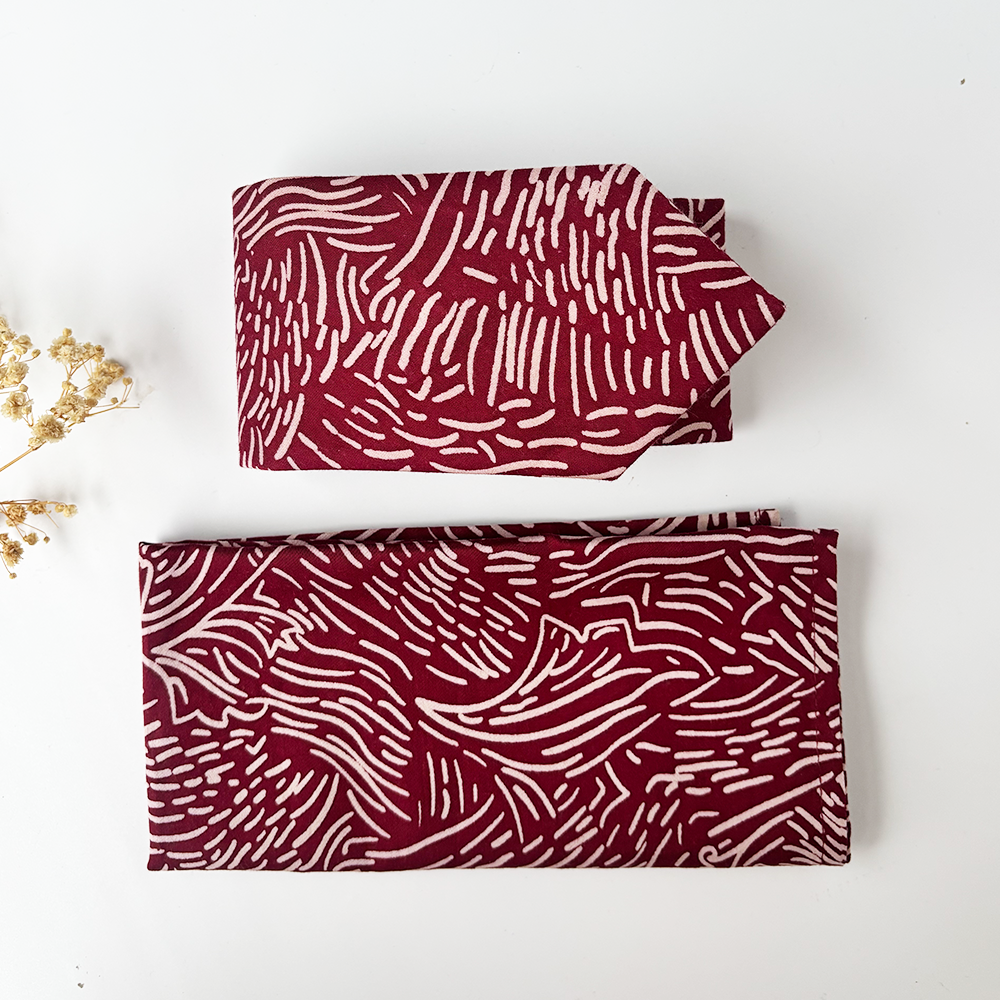 Batik Neck Tie & Pocket Square (Silk Cotton) - Crimson Driftwood