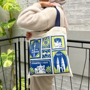 tote bags in the pattern limau setem with iconic malaysian landmarks stamp motifs