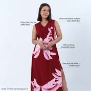 showcasing the unique selling point of a batik dress against a white background in the pattern berry palmera