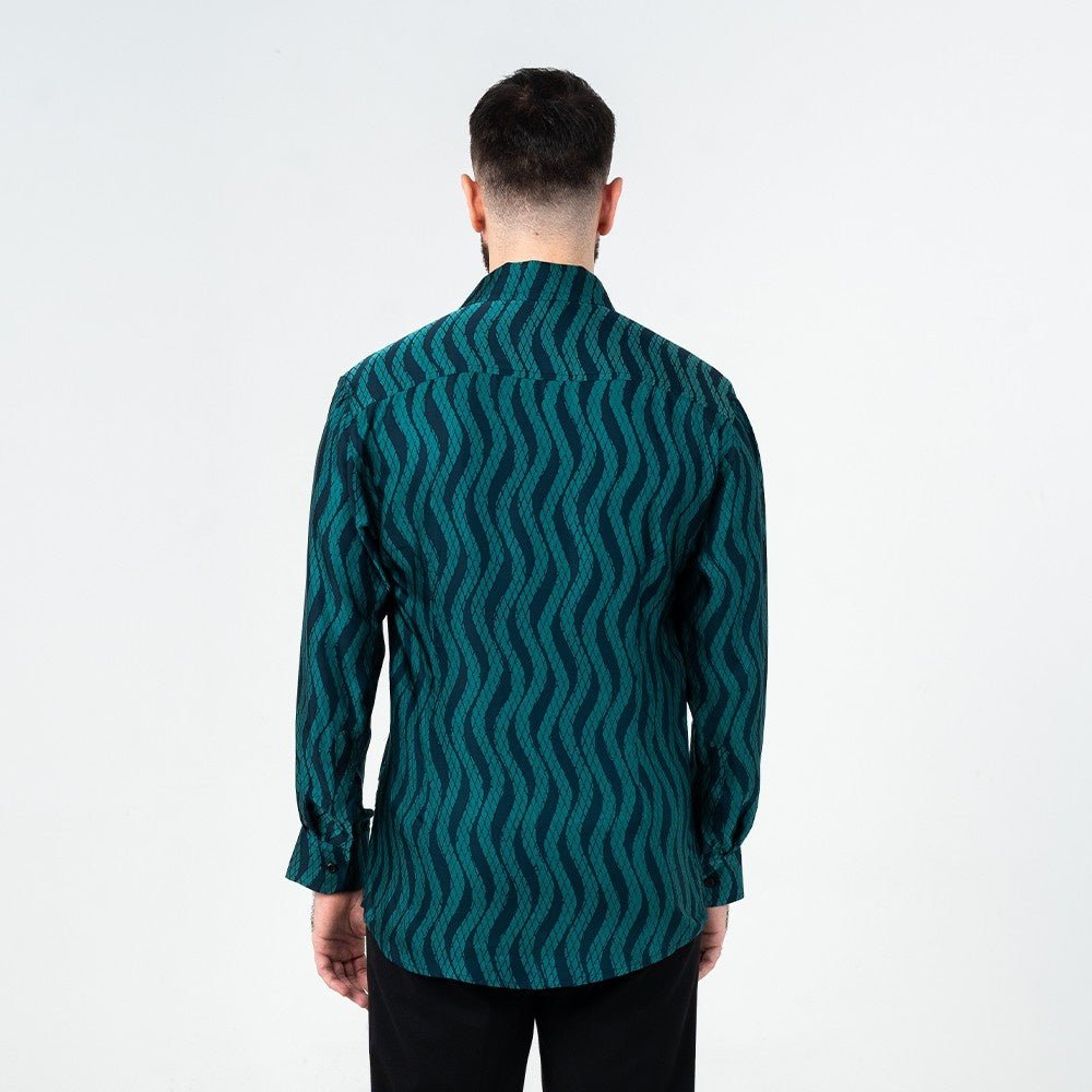 Men's Long-Sleeved Batik Shirt - Teal Snakeskin back view 