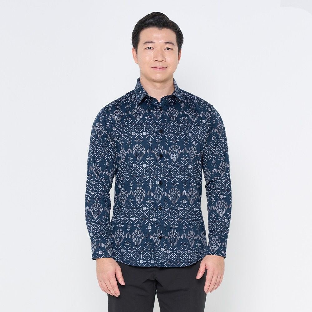 Men's Long-Sleeved Batik Shirt - Navy Anyam
