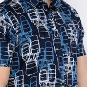 a closeup shot of batik shirt in the pattern navy tiffin against a white background