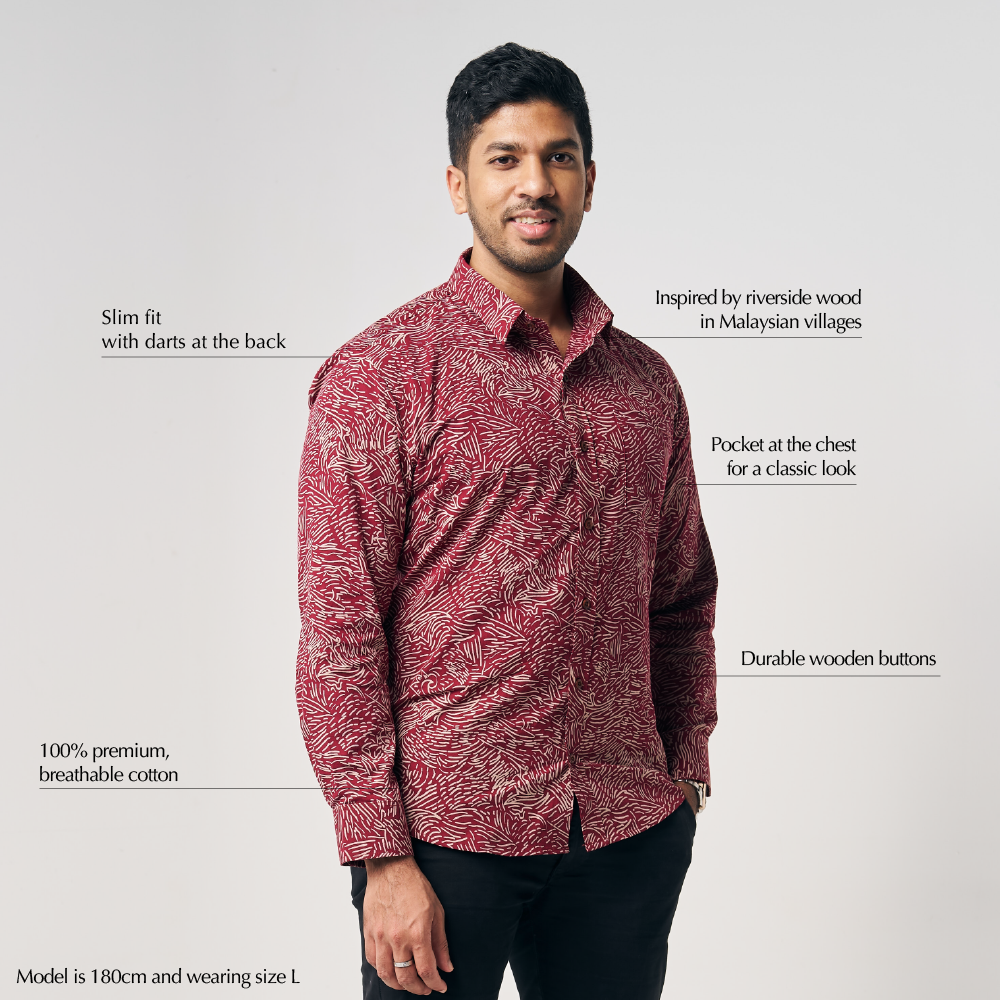 Men's Long-Sleeved Batik Shirt - Crimson Driftwood