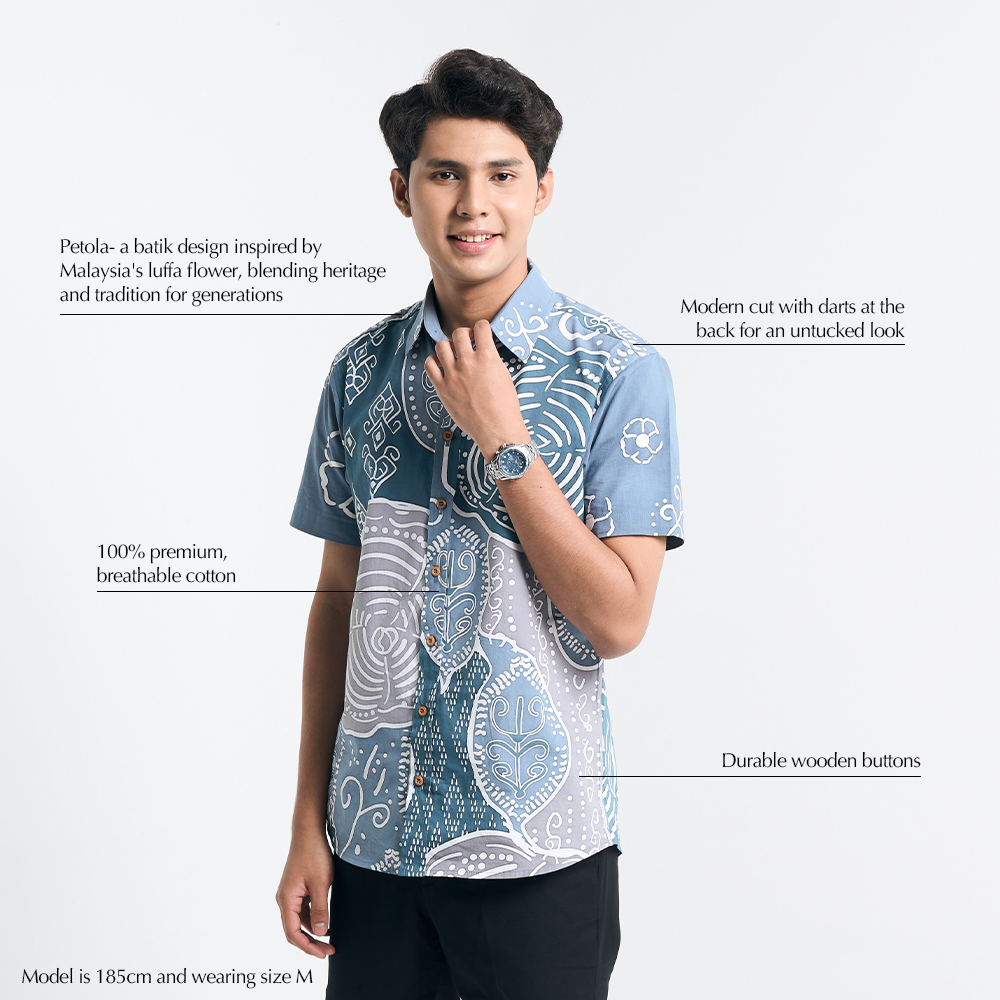 Studio shot with text overlays highlighting the features of the batik shirt