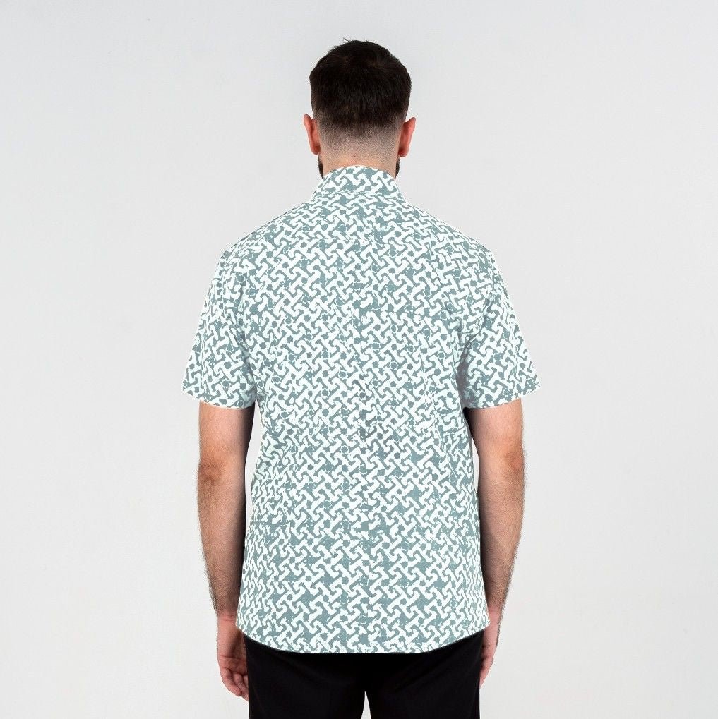 Men's Batik Shirt - Teal Arabesque
 showing the back of the shirt 