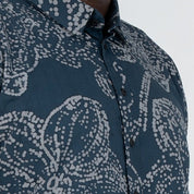 close detailed  photo of the Navy orchid shirt 