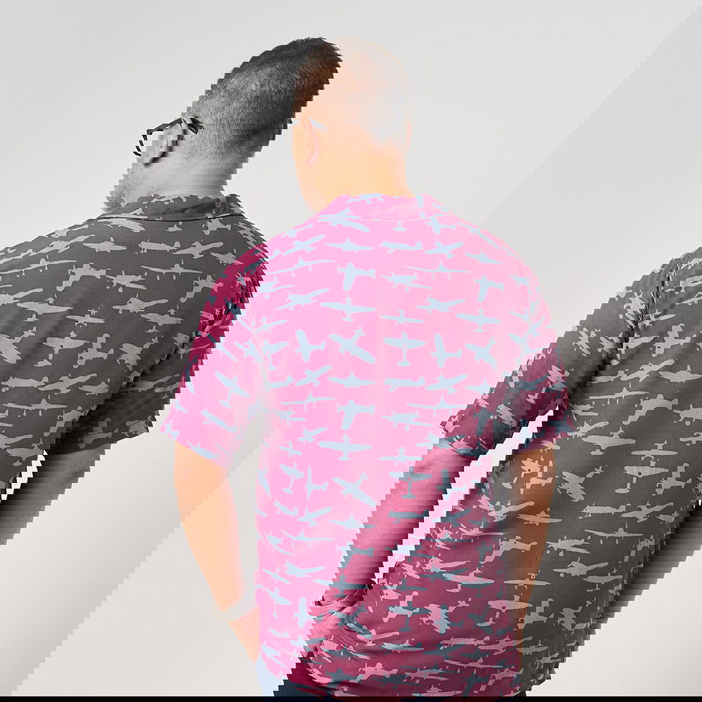 Men's Batik Cuban Shirt - Garnet Airplane - Batik Boutique