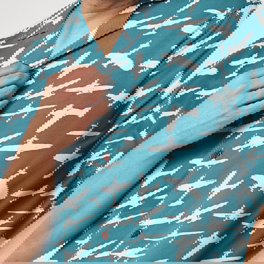 Men's Batik Cuban Shirt - Turquoise Airplane - Batik Boutique