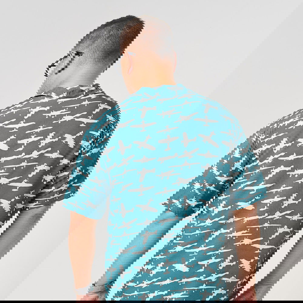 Men's Batik Cuban Shirt - Turquoise Airplane - Batik Boutique
