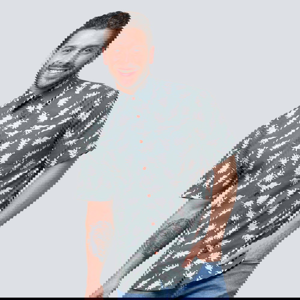 Men's Batik Shirt - Olive Dinosaurs - Batik Boutique