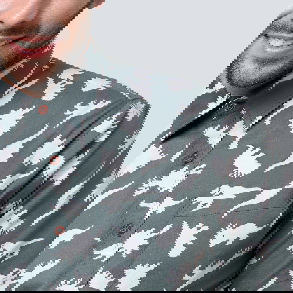 Men's Batik Shirt - Olive Dinosaurs - Batik Boutique