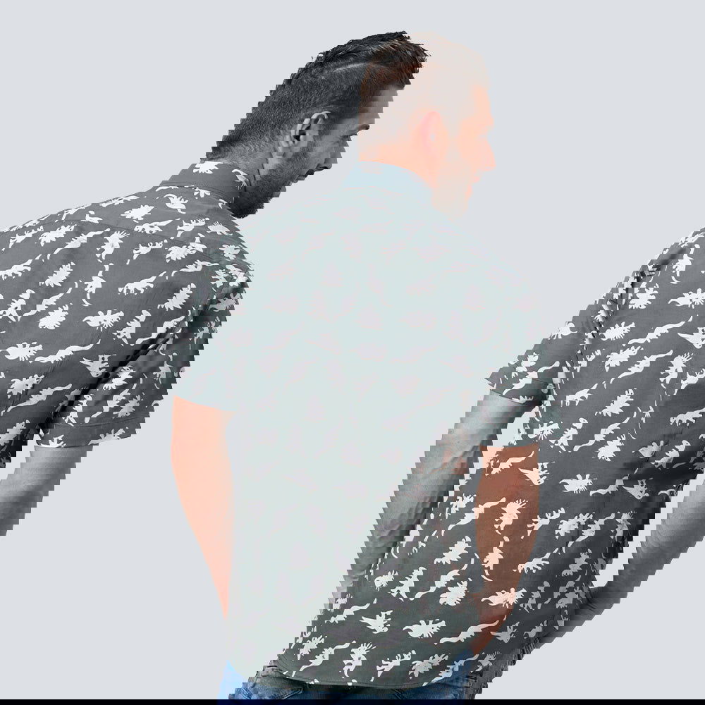 Men's Batik Shirt - Olive Dinosaurs - Batik Boutique