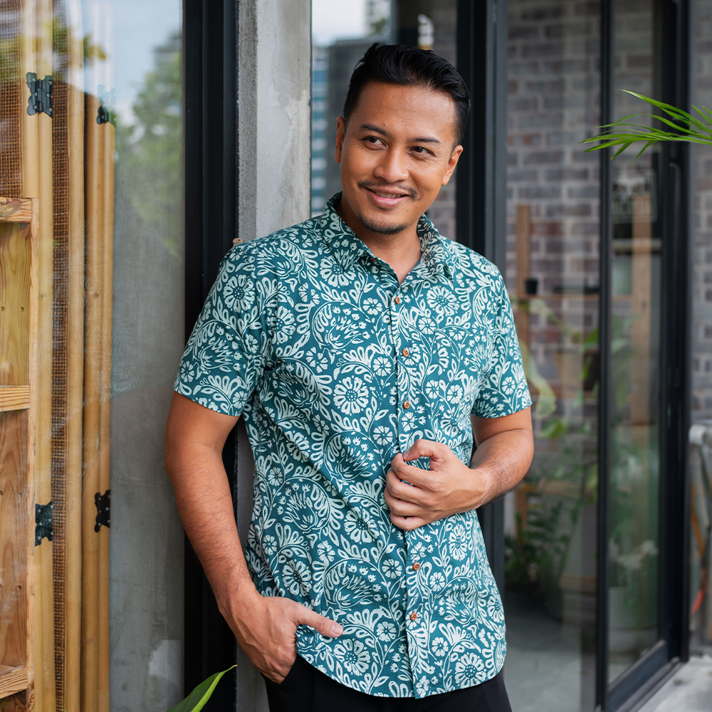 Men's Batik Shirt - Teal Ukir - Batik Boutique