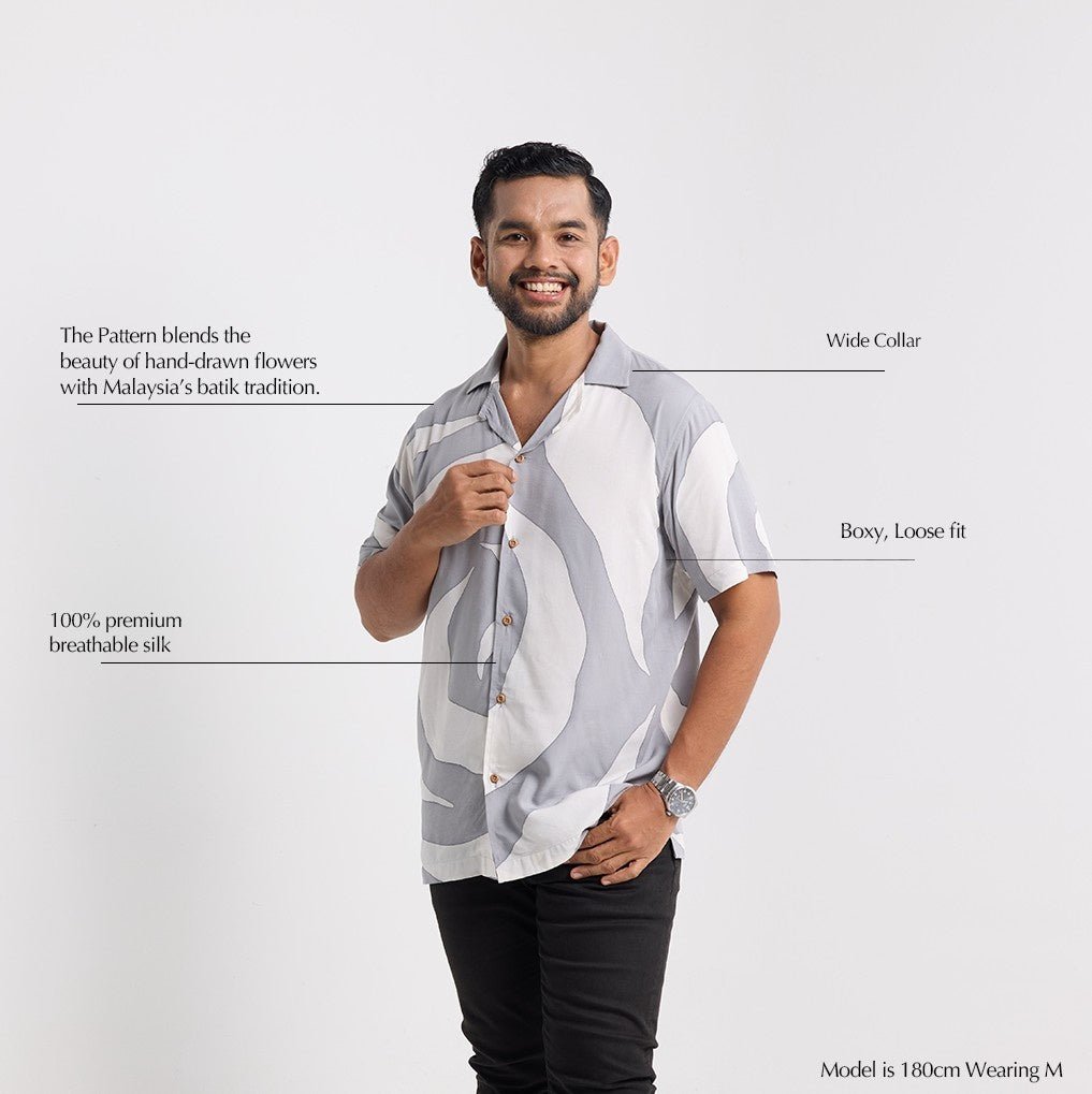 Men's Cuban Batik Shirt - Silver Rose