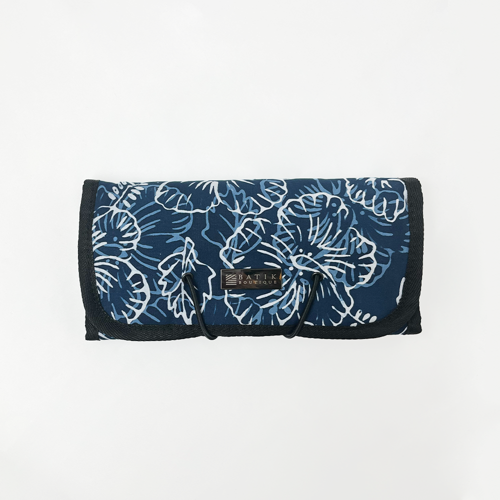 Batik Roll-Up Travel Pouch - Navy Hibiscus