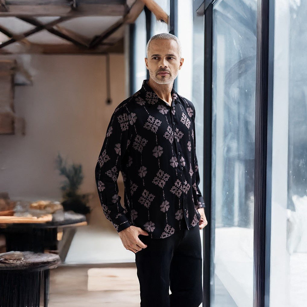 Model wearing Onyx songket Batik shirt 