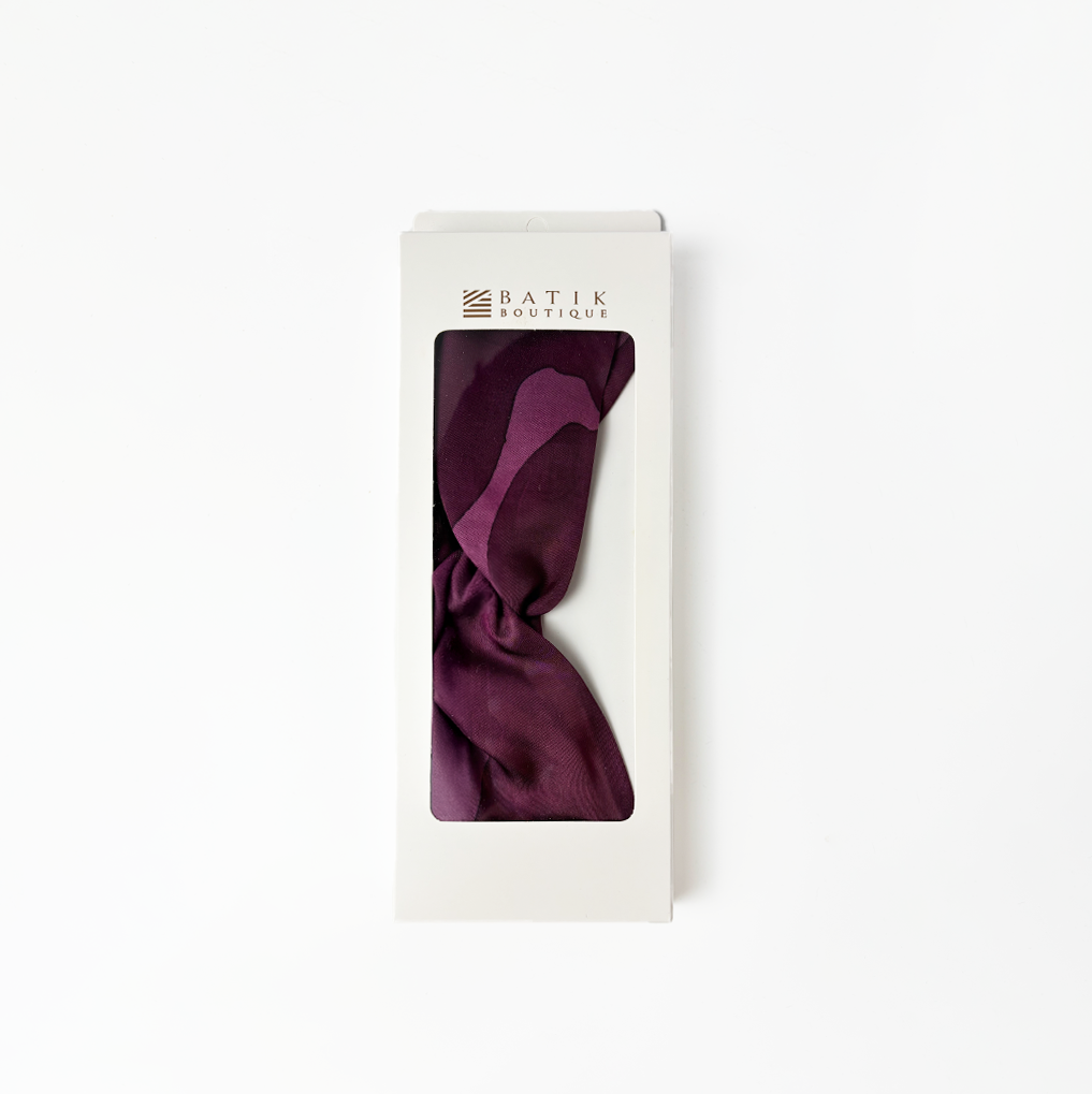 Plum Rimba Batik Headband in Batik Boutique packaging – artisan made gift