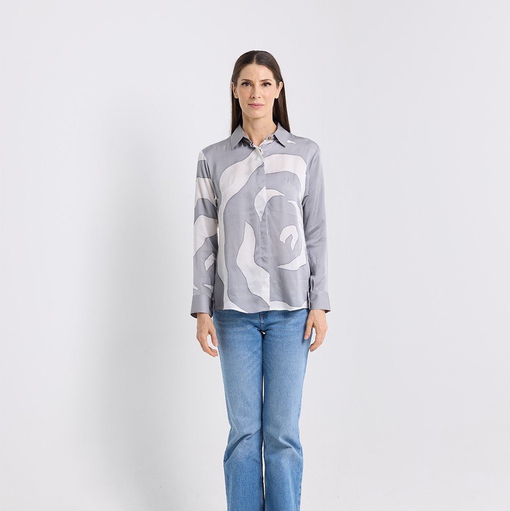 Women's Long-Sleeved Batik Shirt (Silk Cotton) - Silver Rose