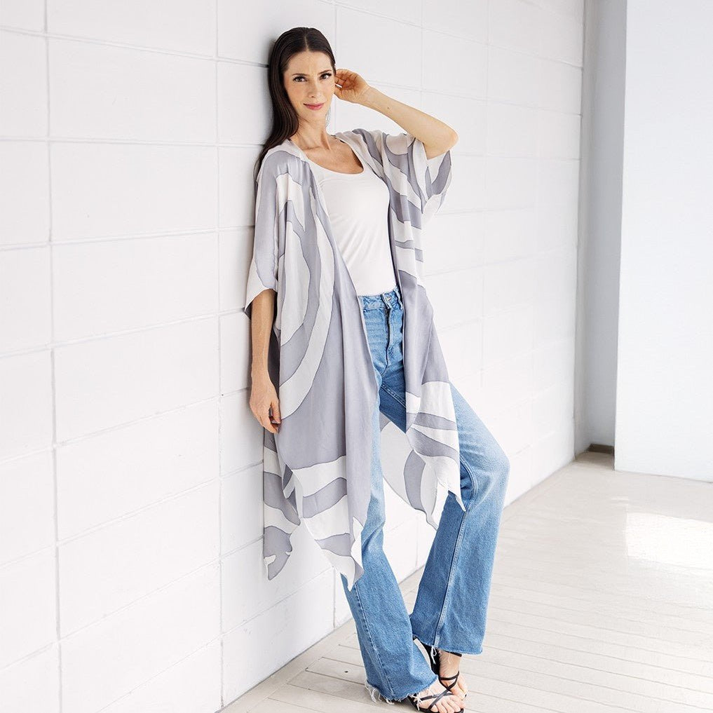 Women wearing silver rose kimono in a lifestyle photo