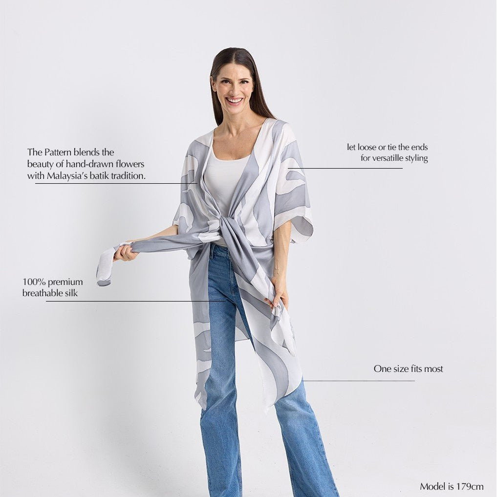 Women wearing silver rose kimono in a desctiption photo