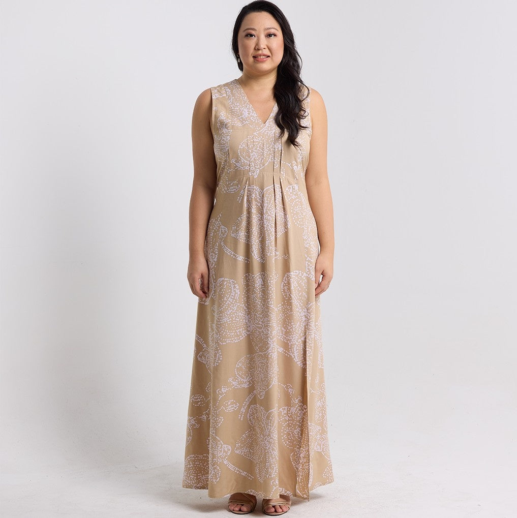 Front view of  tan orchid maxi dress 