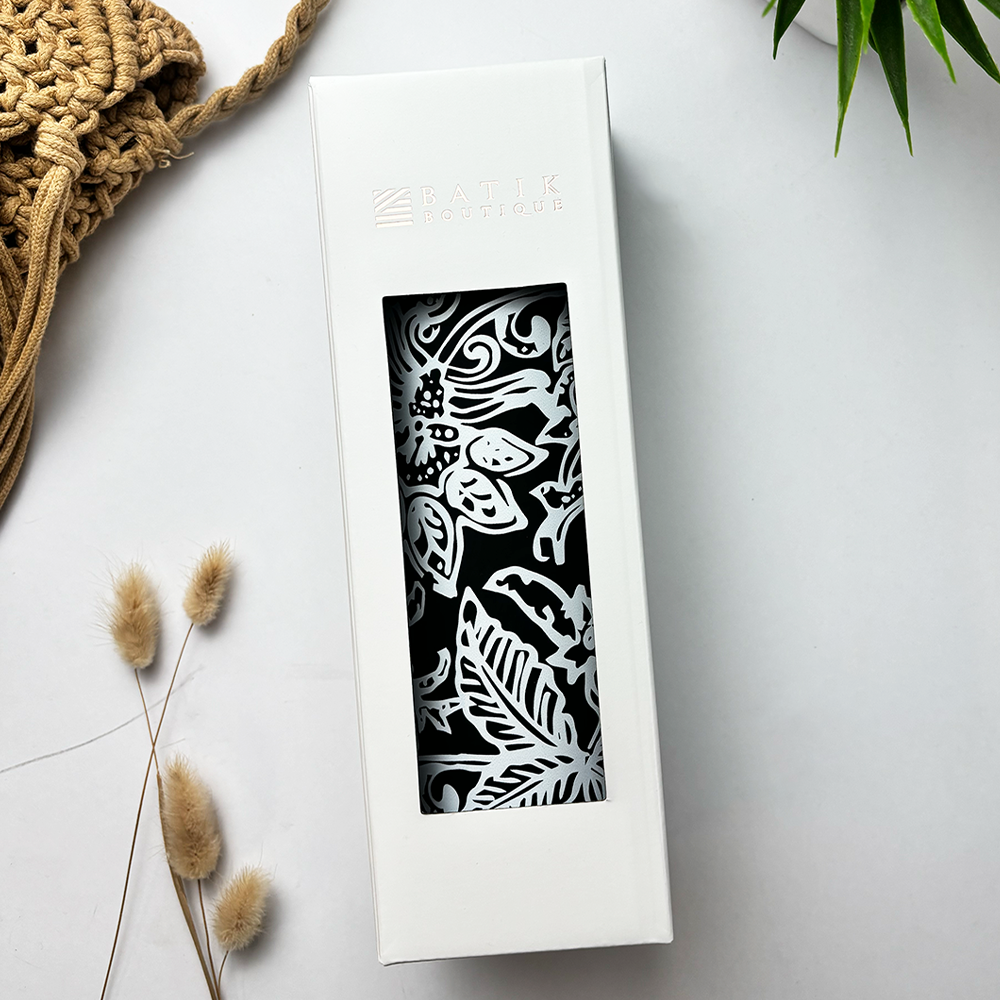 Stainless Steel Tumbler in Black Floret  in its packaging 