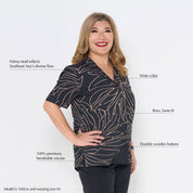 a woman in the pattern onyx palma against a white background