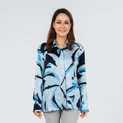Front view of model wearing women's Moonlight Palma batik shirt with button-down front and structured collar