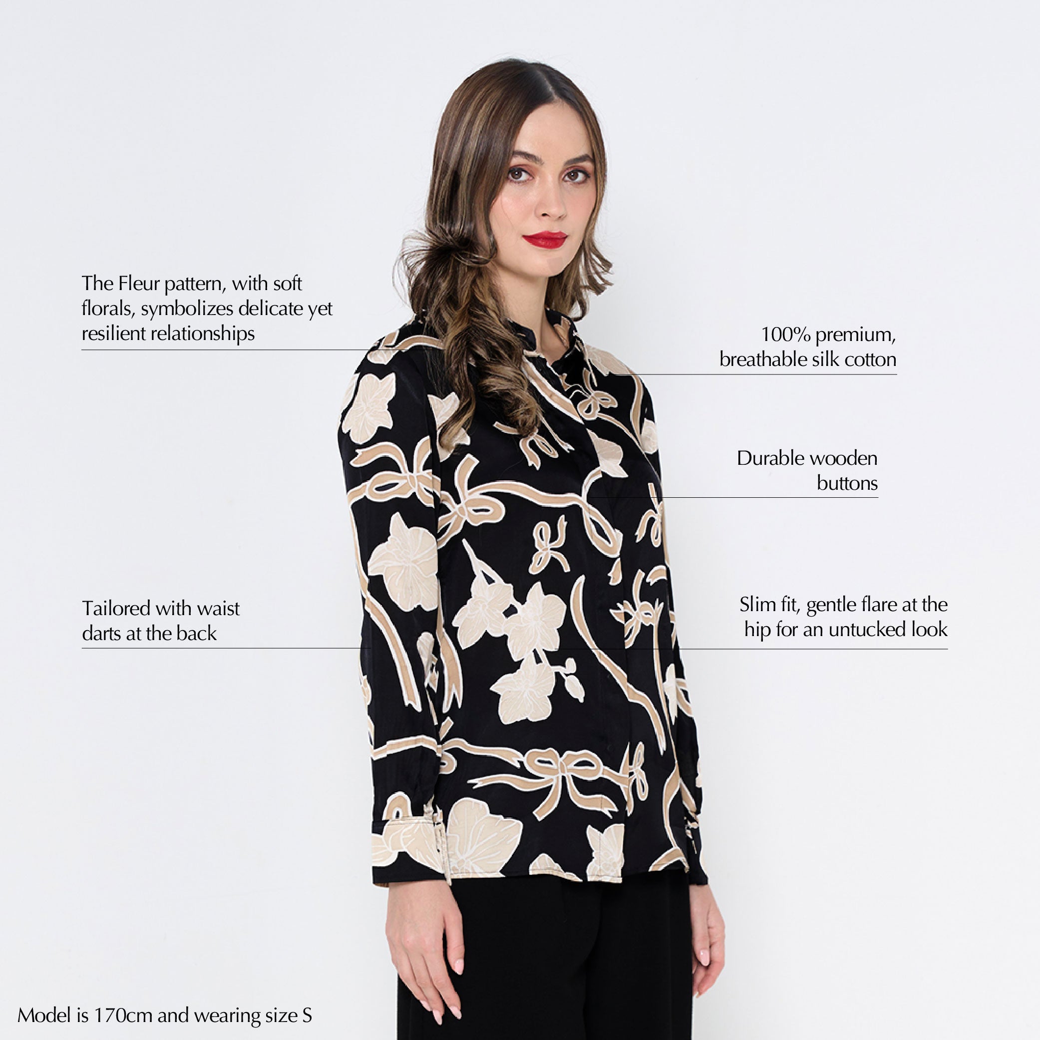 a woman in batik onyx fleur women long sleeved shirt