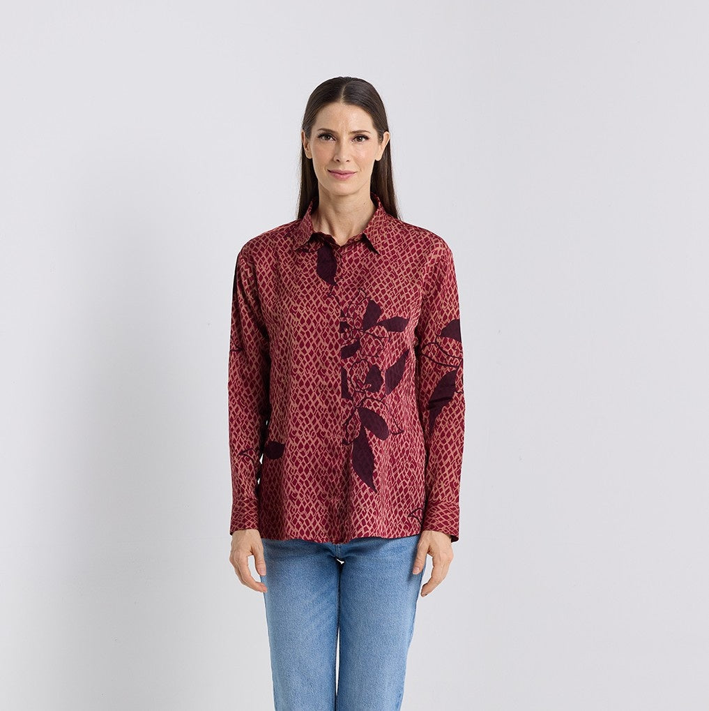 Women's Long-Sleeved Batik Shirt (Silk Cotton) - Copper Blooming Lace