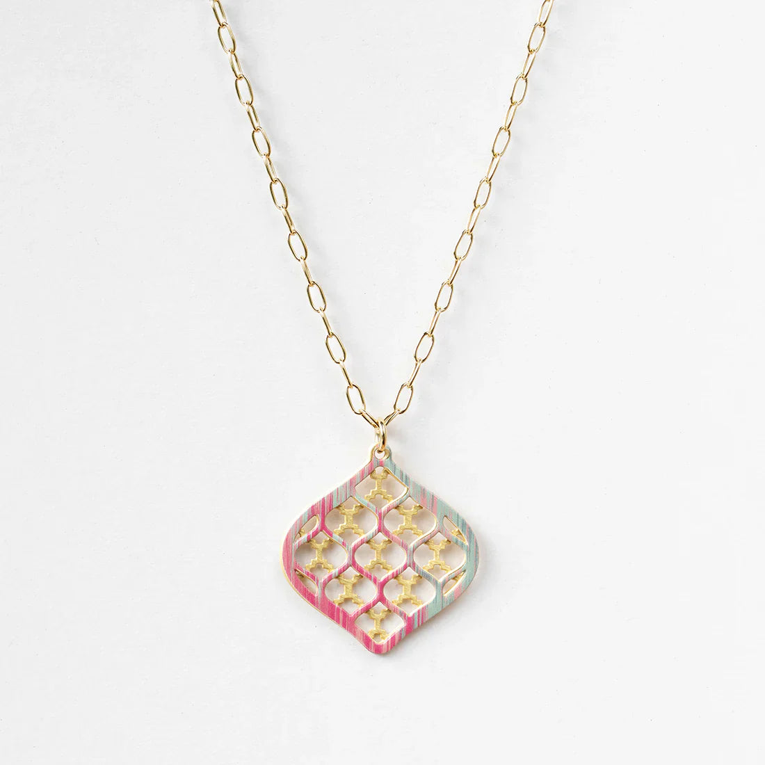 Necklace with a geometric pendant on a white background