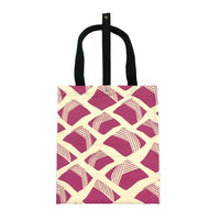 A batik totebag or even a shopping bag with pattern inspired from Nasi Lemak in fuchsia color and put on a white background. This photo show the front side of the bag