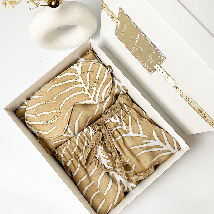 A batik loungewear set in latte fern print. Comes in a white box, exclusive ready for gifting