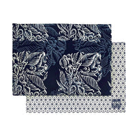 A whitebox photo of batik placemat in blue nautical fern pattern showing frontside and backside of it. 