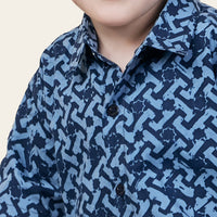 A striking close-up shot highlighting the intricate Midnight Arabesque pattern on a batik shirt