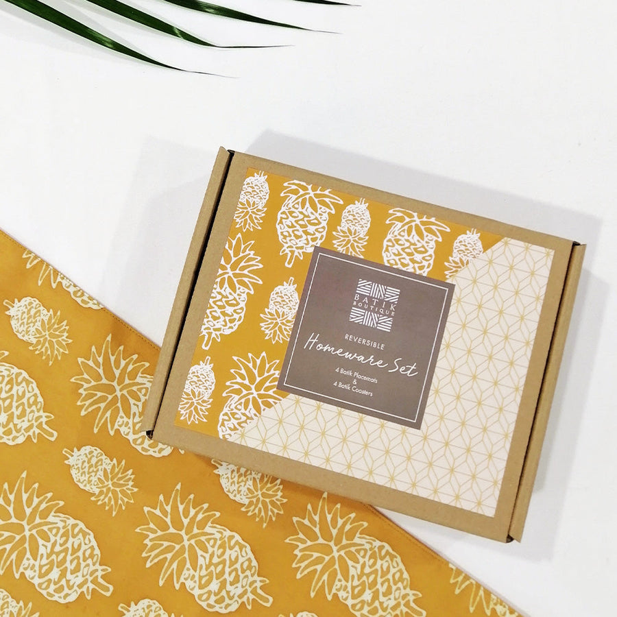 a close up shot of the homeware gift set's kraft box against a neutral background