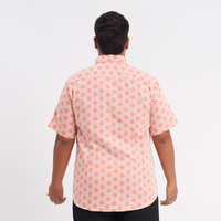 a male model facing away from the camera to showcase the details on the back of an authentic batik shirt