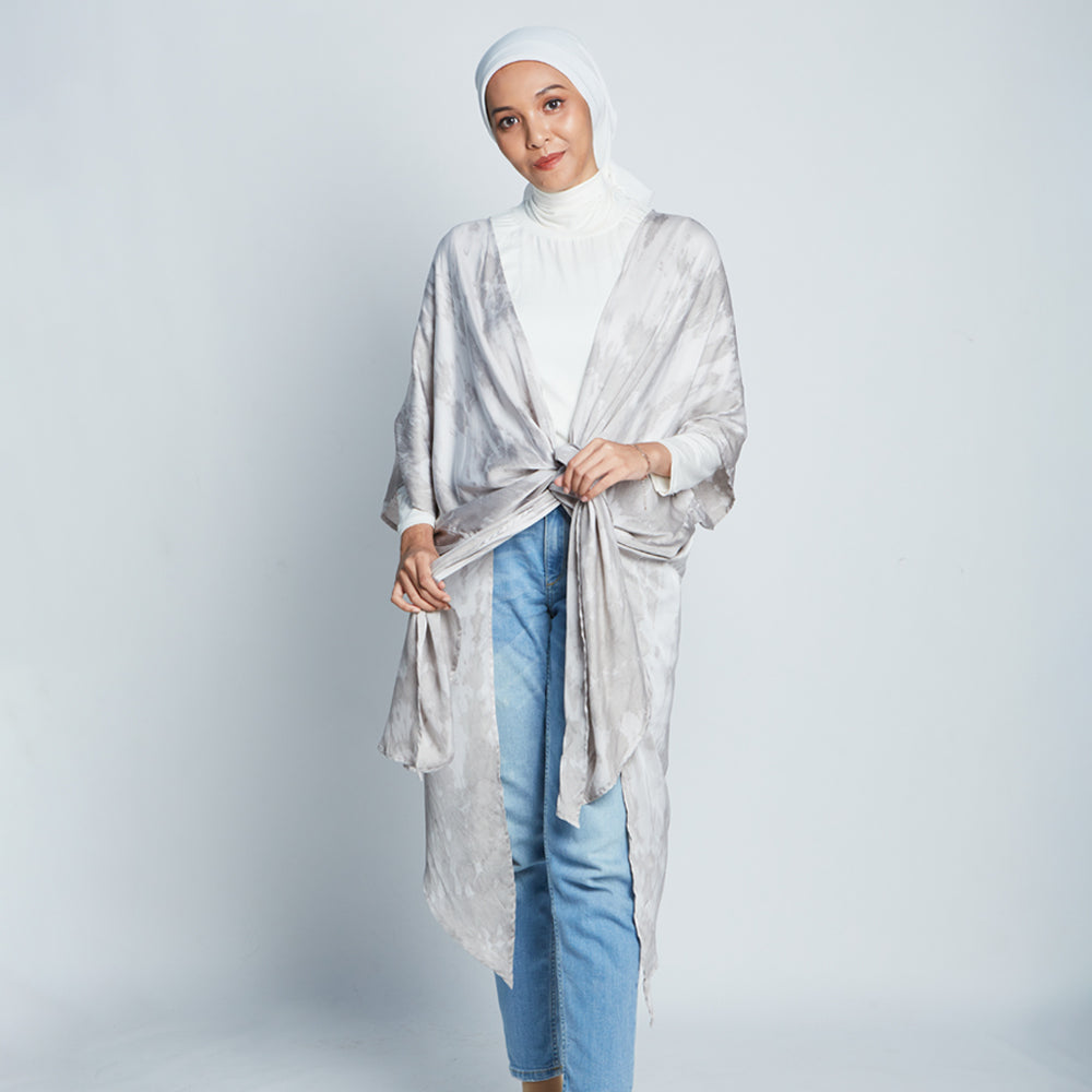 Muslim woman wearing Shibori Mangosteen Kimono, handcrafted with care in Malaysia.