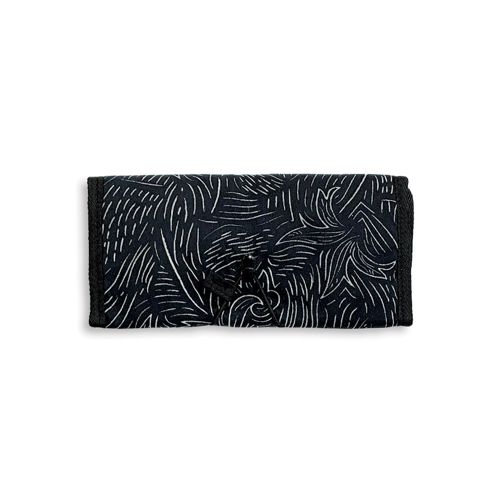 An up view backside photo whitebox of batik organizer in black driftwood pattern 