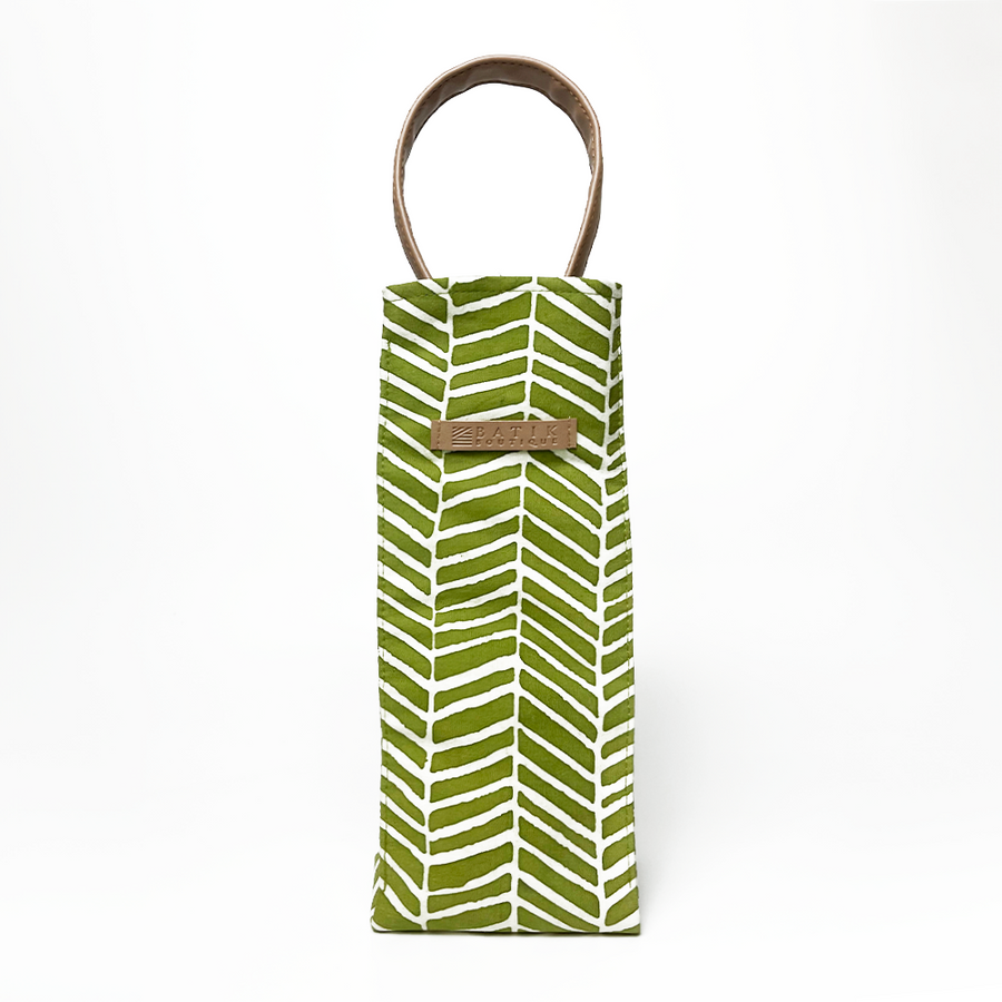A white box style photo showcasing a wine bag crafted from batik in the Sage Banana Leaf pattern, set against a clean and minimalist white background