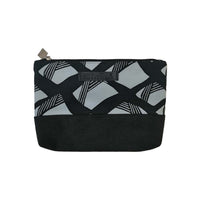 a whitebox photo of a batik zip pouch made of batik in the pattern black nasi lemak in front of a neutral background