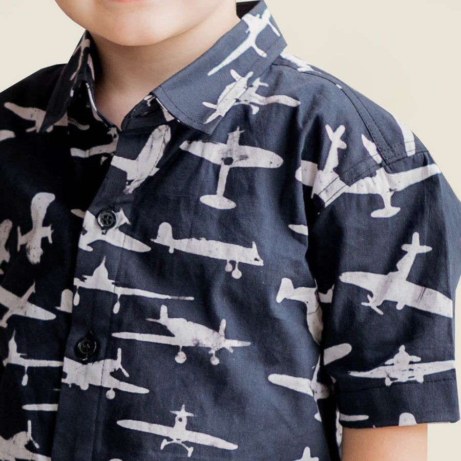 Boy's Batik Shirt - Black Airplane