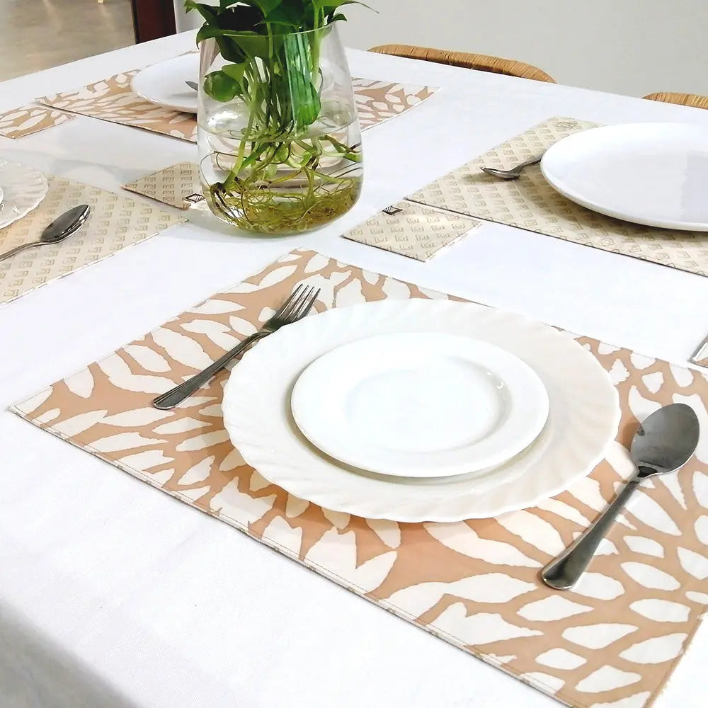 a picture of a homeware set made entoirely of batik in the pattern tan bunga in a lifestyle photo