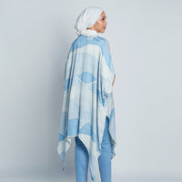 Back view of blue batik kimono in Sky Bukit print and white hijab scarf.