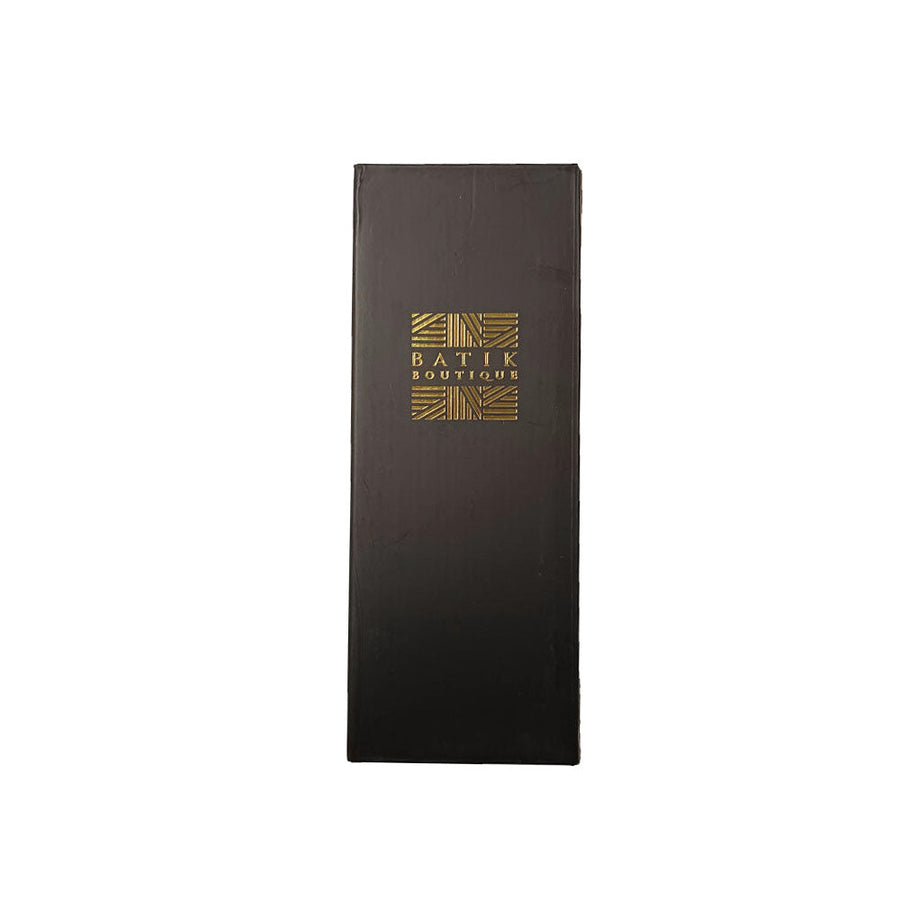 A sleek black box designed for the tumbler, featuring the embossed Batik Boutique logo, with an added touch of sophistication through hot stamping